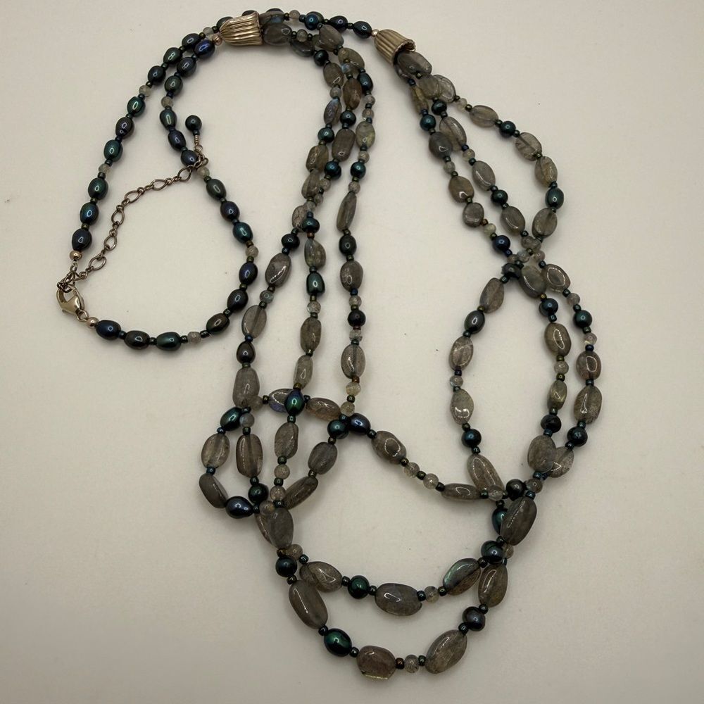 26" of all Labradorite, dyed freshwater pearls, glass necklace w/ 925 hardware!